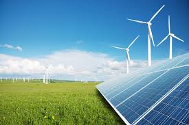 A modern city using renewable energy, smart transport, and efficient buildings