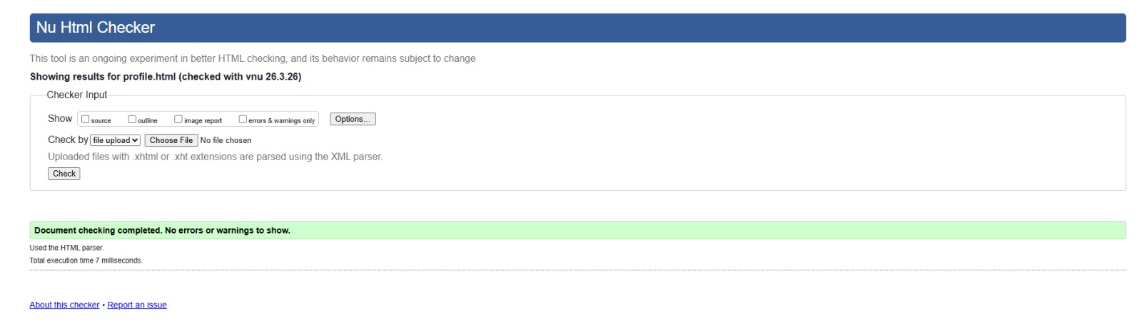 W3C validation result for profile.html showing no errors