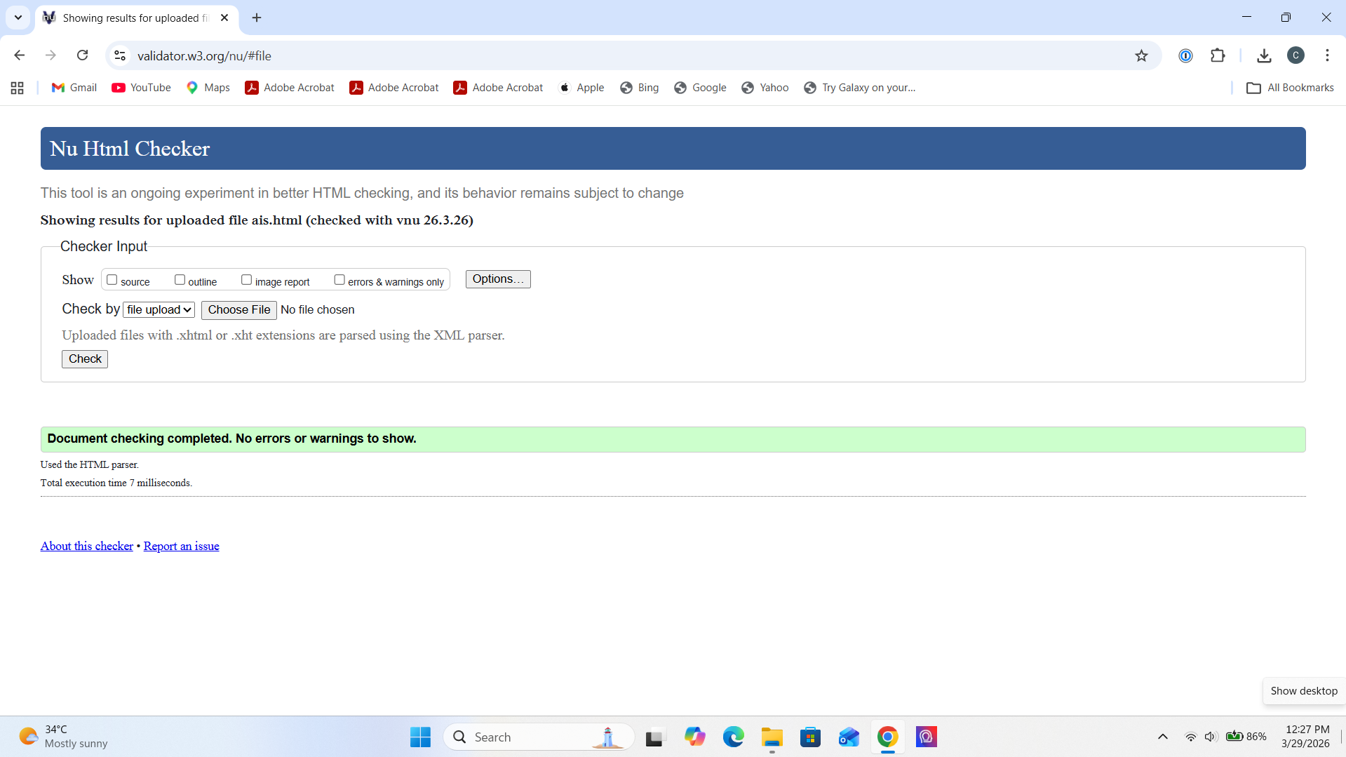 W3C validation screenshot for ais.html showing no errors